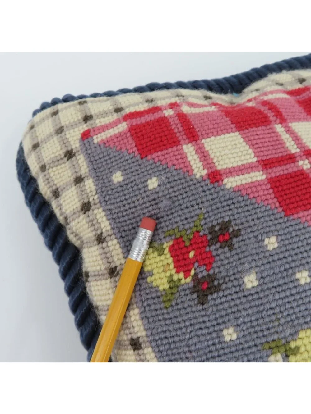 Needlepoint Country Apple Floral Red Blue Beige Check Plaid Velvet Throw Pillow